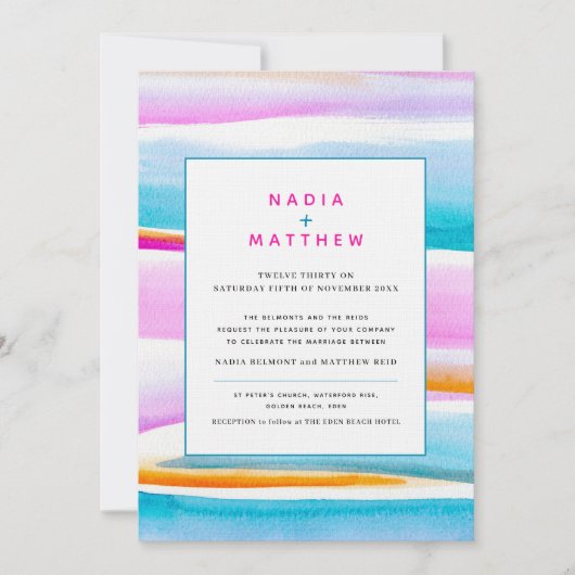 抽象芸術熱帯潮線ピンクアクア結婚ー 招待状 (正面)