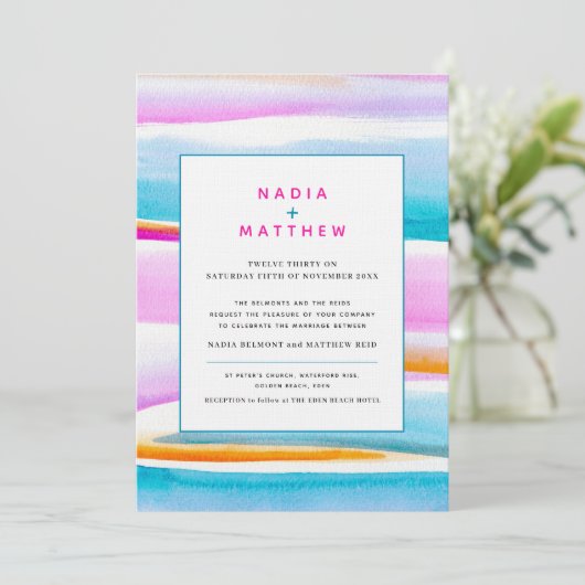 抽象芸術熱帯潮線ピンクアクア結婚ー 招待状 (スタンド正面)