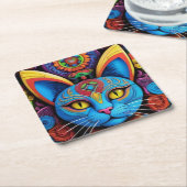 抽象芸術猫(黄色い目) スクエアペーパーコースター (アングル)