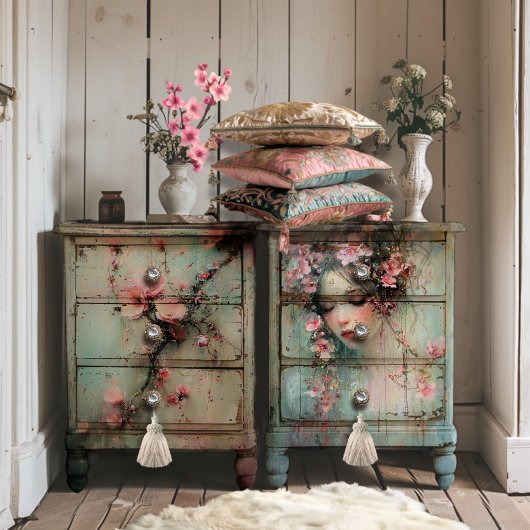 抽象芸術現実主義女性の顔&さくらんぼの花 薄葉紙