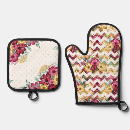 抽象芸術白いブルゴーニュと黄色の花 鍋つかみ&鍋敷きセット