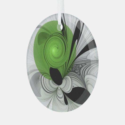抽象芸術白黒と緑のフラクタルアート ガラスオーナメント (正面左)