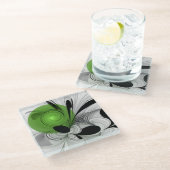 抽象芸術白黒と緑のフラクタルアート ガラスコースター (アングル)