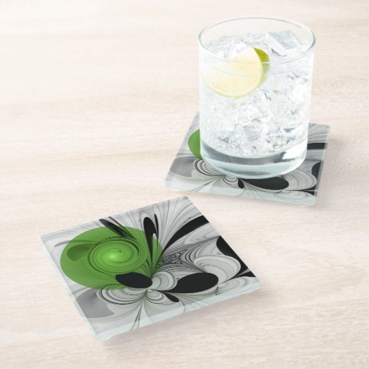 抽象芸術白黒と緑のフラクタルアート ガラスコースター (アングル)