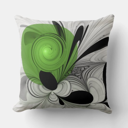 抽象芸術白黒と緑のフラクタルアート クッション (正面)