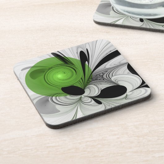 抽象芸術白黒と緑のフラクタルアート コースター (左側)