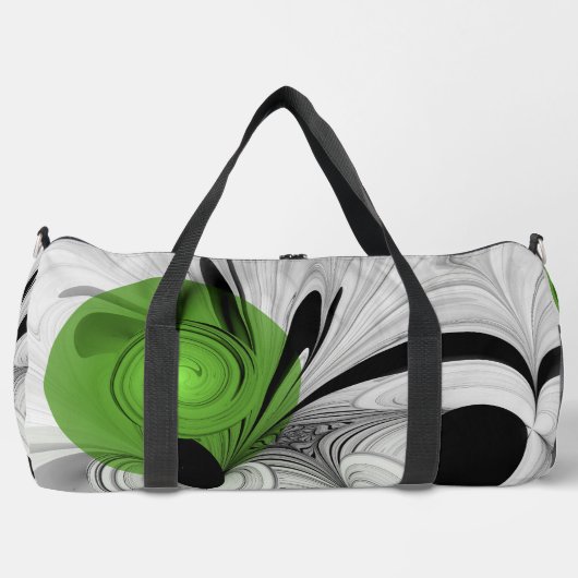 抽象芸術白黒と緑のフラクタルアート ダッフルバッグ (正面)