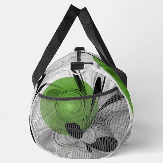 抽象芸術白黒と緑のフラクタルアート ダッフルバッグ (右)