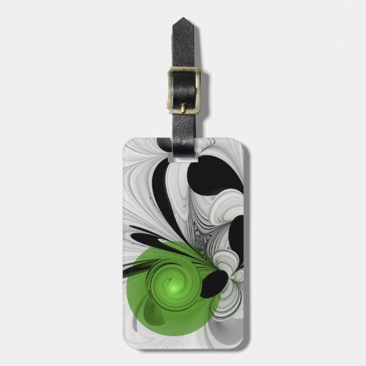 抽象芸術白黒と緑のフラクタルアート ラゲッジタグ (正面縦)