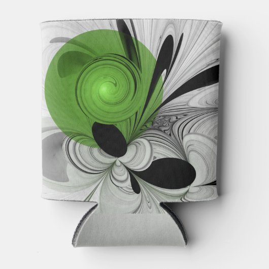 抽象芸術白黒と緑のフラクタルアート 缶クーラー (正面)