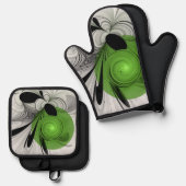 抽象芸術白黒と緑のフラクタルアート 鍋つかみ&鍋敷きセット (正面/裏面)