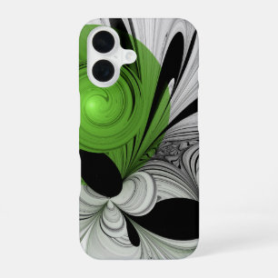 抽象芸術白黒と緑のフラクタルアート iPhone 16ケース