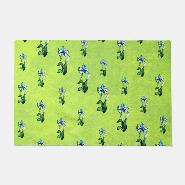 抽象芸術白黒の花を緑に輝かす ドアマット (正面)