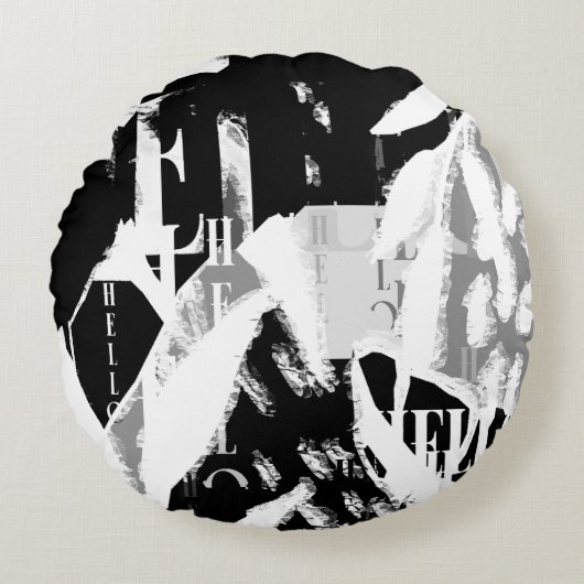 抽象芸術白黒グレー ラウンドクッション (正面)
