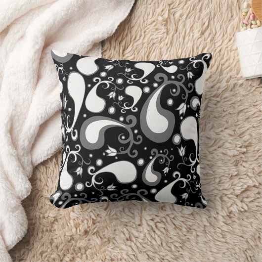 抽象芸術白黒チューリップペイズリーフローラ クッション (ブランケット)