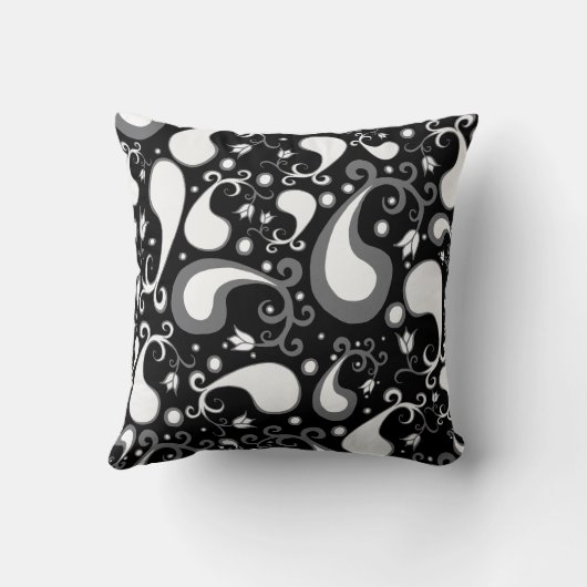 抽象芸術白黒チューリップペイズリーフローラ クッション (裏面)