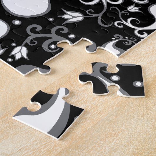 抽象芸術白黒チューリップペイズリーフローラ ジグソーパズル (側面)