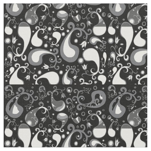 抽象芸術白黒チューリップペイズリーフローラ ファブリック (クローズアップ)