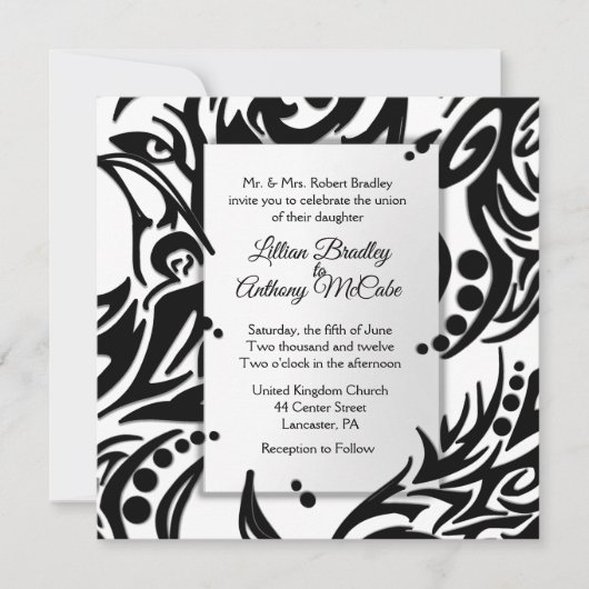 抽象芸術白黒トライバル結婚式招待状 招待状 (正面)