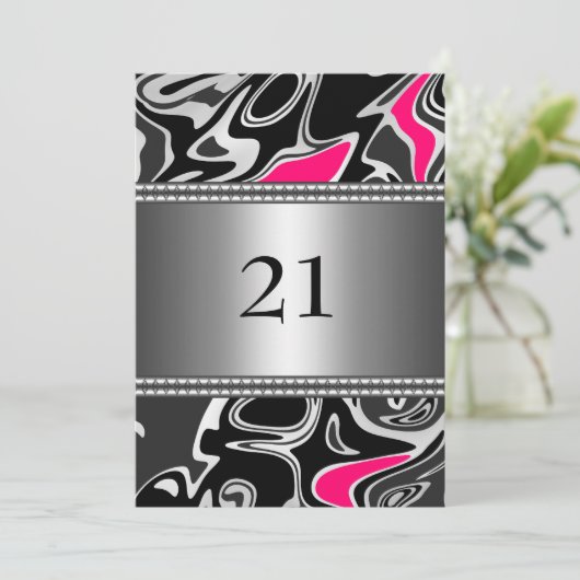 抽象芸術白黒ピンクシルバートリム21番目の誕生日 招待状 (スタンド正面)