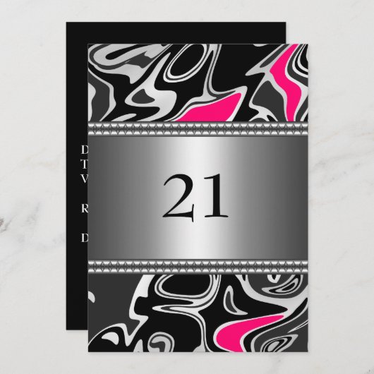 抽象芸術白黒ピンクシルバートリム21番目の誕生日 招待状 (正面/裏面)