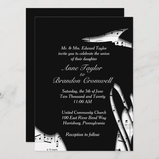 抽象芸術白黒ミュージック結婚式招待状 招待状 (正面/裏面)