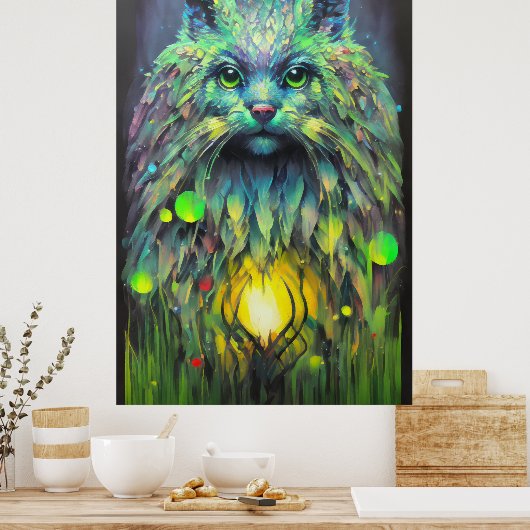 抽象芸術神秘的な猫ファンタジーアート ポスター (キッチン)