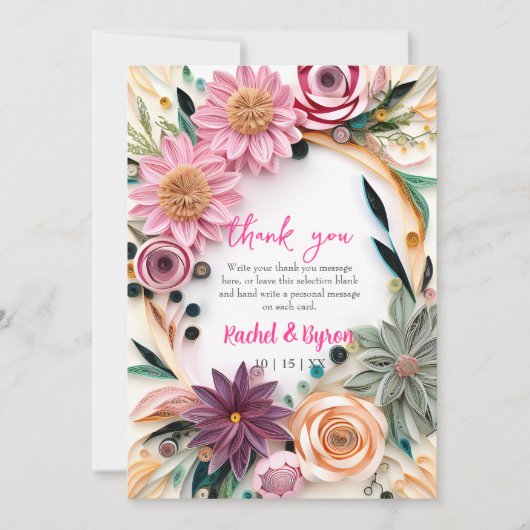 抽象芸術紙クイル結婚リングフローラの緑 サンキューカード (正面)
