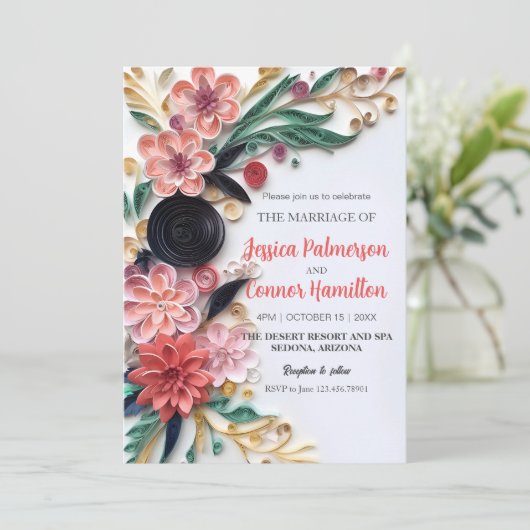 抽象芸術紙クイル結婚リングフローラの緑 招待状 (スタンド正面)