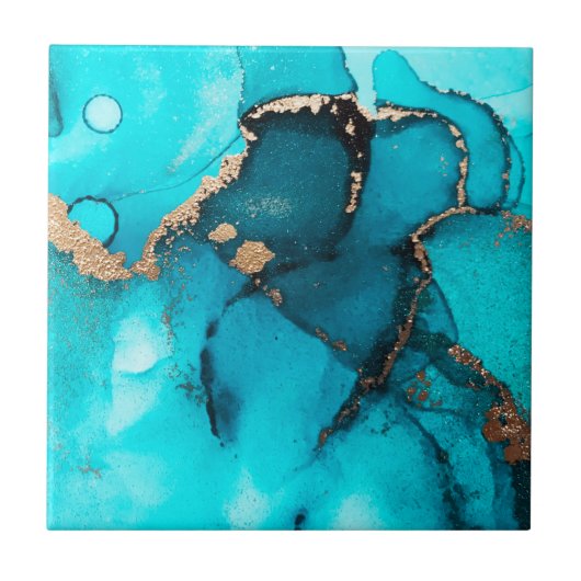 抽象芸術素晴らし海緑色金ゴールドアルコールインク タイル (正面)