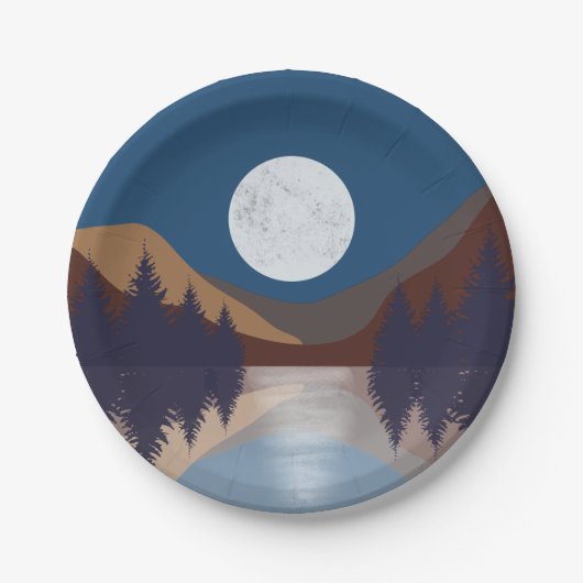 抽象芸術素朴景観森林月反射 ペーパープレート (正面)