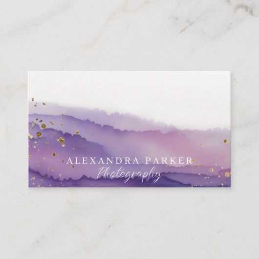 抽象芸術紫と金ゴールド水彩風景スクリプト 名刺 (正面)