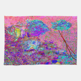 抽象芸術紫と青あじさい紫とマゼンタ キッチンタオル