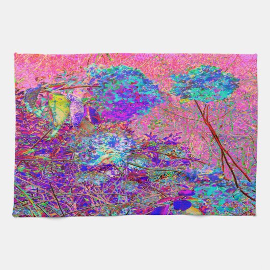 抽象芸術紫と青あじさい紫とマゼンタ キッチンタオル (横)