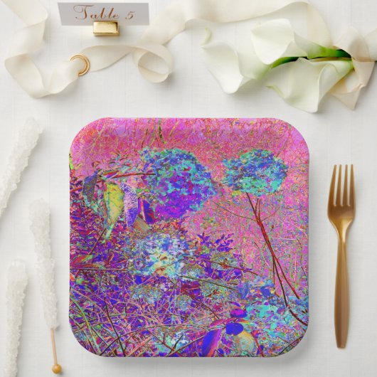 抽象芸術紫と青あじさい紫とマゼンタ ペーパープレート (ウェディング)