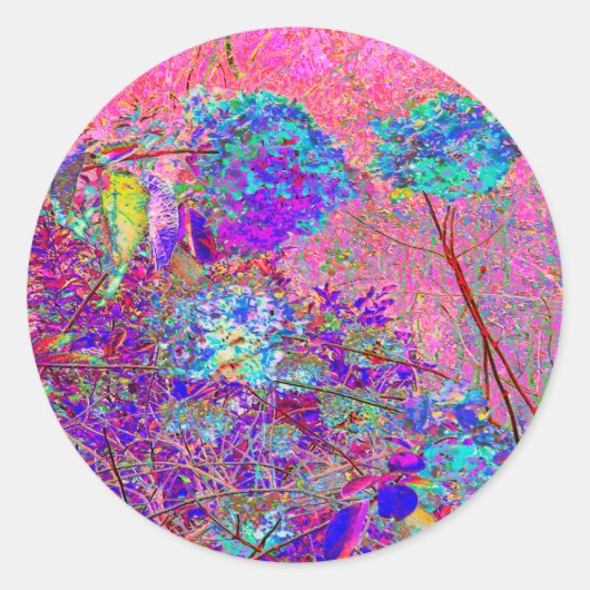 抽象芸術紫と青あじさい紫とマゼンタ ラウンドシール (正面)