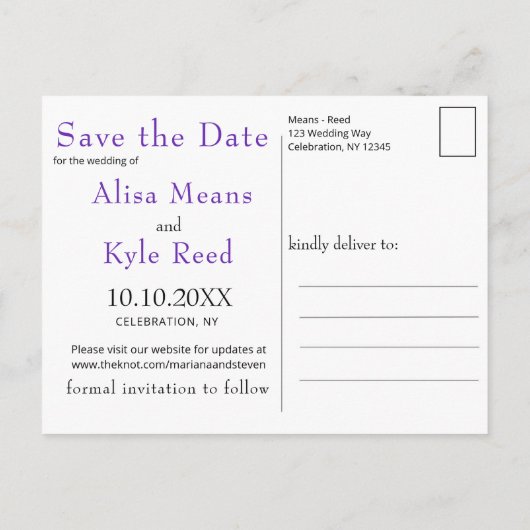 抽象芸術紫の明るい赤紫色金ゴールド日付の保存 案内ポストカード (裏面)