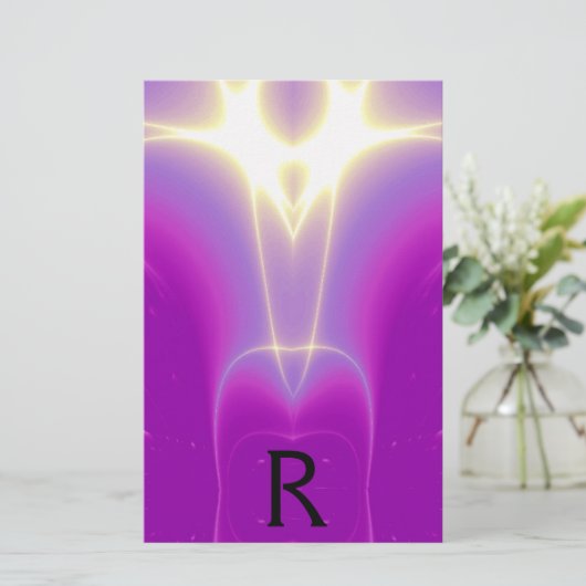 抽象芸術紫明るい赤紫色白色光波モノグラム 便箋 (スタンド正面)