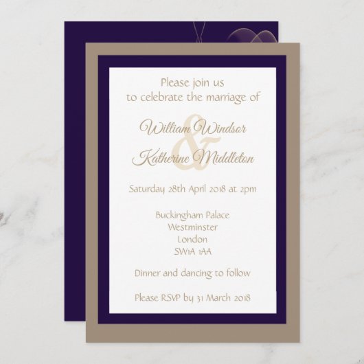 抽象芸術紫金ゴールド両面結婚式の招待 招待状 (正面/裏面)