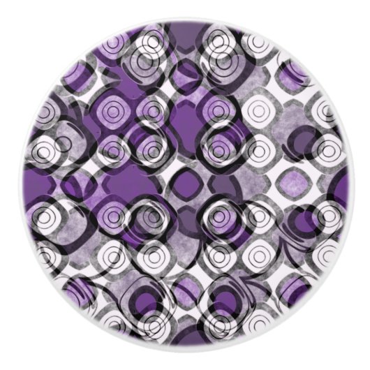 抽象芸術紫、グレー、黒の円のパターン セラミックノブ (正面)