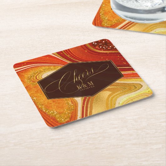 抽象芸術結婚アゲート応援V1ホットオレンジID827 スクエアペーパーコースター (アングル)