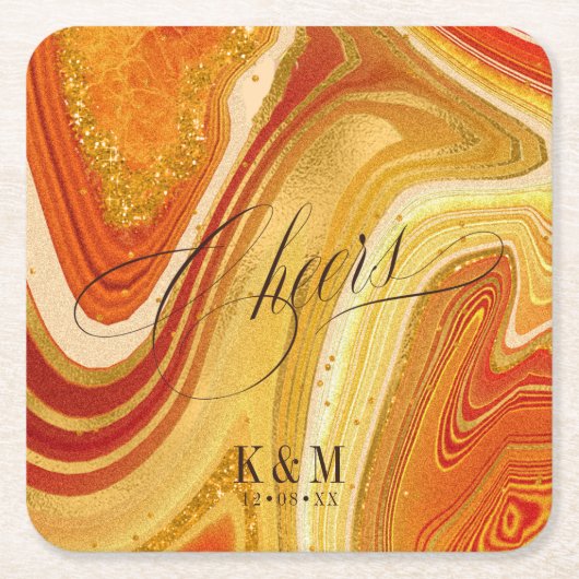 抽象芸術結婚アゲート応援V2ホットオレンジID827 スクエアペーパーコースター (正面)