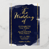 抽象芸術結婚式招待状 |ネイビーブルーギルド 箔招待状 (正面)