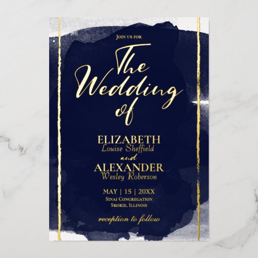 抽象芸術結婚式招待状 |ネイビーブルーギルド 箔招待状 (正面)