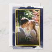 抽象芸術結婚式招待状 |金箔の青い写真 招待状 (裏面)