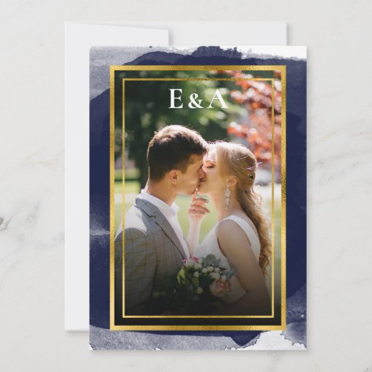 抽象芸術結婚式招待状 |金箔の青い写真 招待状 (裏面)