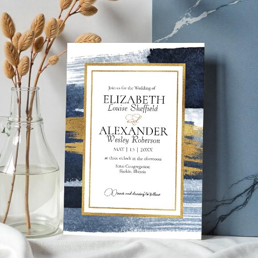 抽象芸術結婚式招待状 |青い金ゴールドの水色 招待状