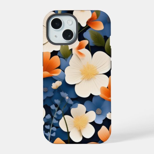 抽象芸術絵を描のオレンジと青の花。 iPhone 15ケース (裏面)