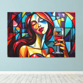 抽象芸術絵を描のキャンバスでワインを楽しむ女性 キャンバスプリント (インサイチュ (ウッドフロア))