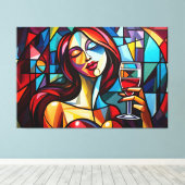 抽象芸術絵を描のキャンバスでワインを楽しむ女性 キャンバスプリント (インサイチュ (ウッドフロア))